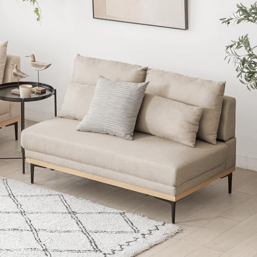 モダンデコ ソファー 2人掛け ストレートソファ 幅121cm クッション付き ファブリック (座面:ポケットコイル, ライトベージュ)