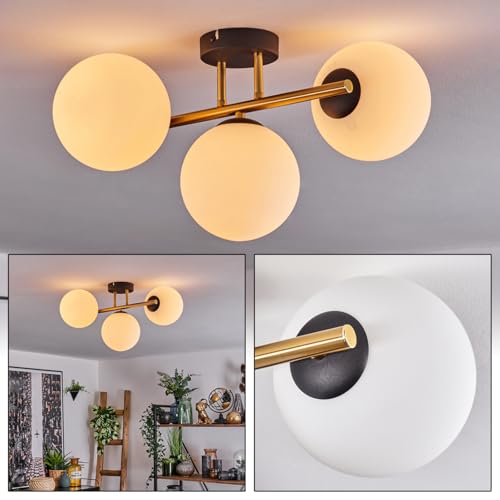Lámpara de techo Gastor de HOFSTEIN, 3 luces de metal/cristal en negro/dorado/cristal esmerilado, moderna de diseño retro/vintage (pantallas de Ø 15 cm), E14, comedor, salón, cocina, pasillo, oficina