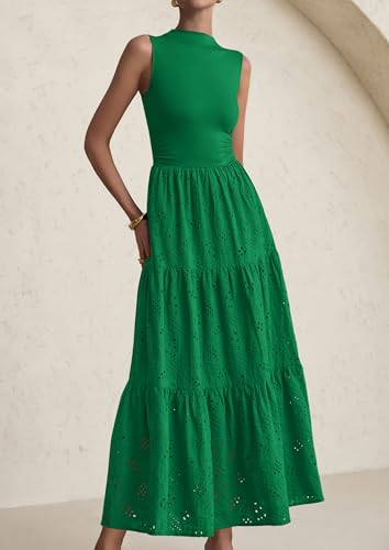 Image of PRETTYGARDEN Summer Dresses for Women 2026 Casual Eyelet Sleeveless Wedding Guest Maxi Dress Tank Top Sundress with Pockets