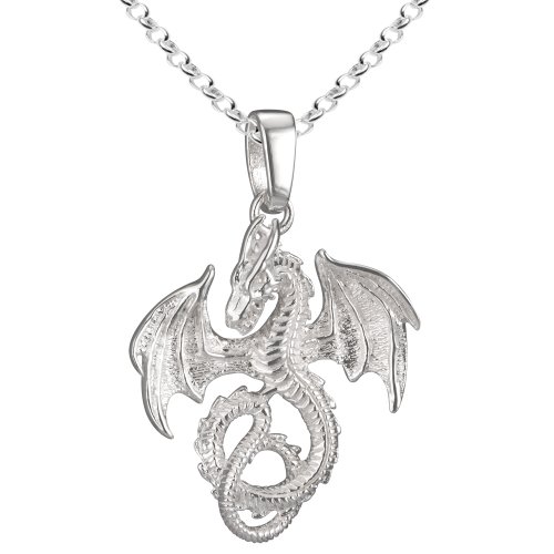 Vinani Brand Germany 925 Sterling Silver Pendant Dragon Large Shiny with Pearl & Cable Link Chain Necklace Italy 20