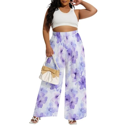 Women's Plus Size Wide Leg Pants Summer Casual Palazzo High Waist Floral Long Trousers with Pockets2