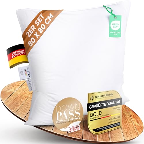 BEFA NATUR Daunenkissen 80x80 cm (2 Stück) | 3-Kammer Kopfkissen | 90% Daunen & 10% Federkissen | je 1400g Füllgewicht | Allergiker (NOMITE) | Tierwohl (DOWNPASS) | OEKO-TEX Klasse 1 | Made in Germany