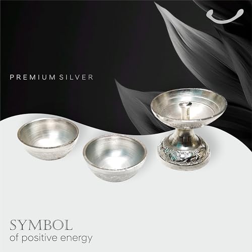 Image of Trinity Designs Silver Pooja Thali Set 8 Inch | Decorative Aarti Thali 234 Grms Silver Plate with Diya & Chandan Bowls | German Silver Thali Set Mandir, Festivals & Gifting | Puja Thali Set for Home