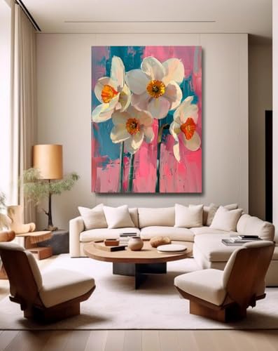 Taxpy Tableaux sur toile peints à la main Peinture à l'huile de fleurs blanches,L,50 * 70cm Décorative Mural Poster Decoration Mur Affiche avec Imprime...