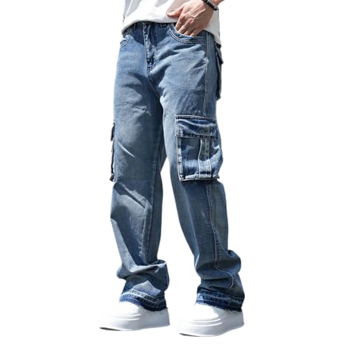 Mens Hip Hop Cargo Jeans Loose Fit Denim Pants with Multi Pockets