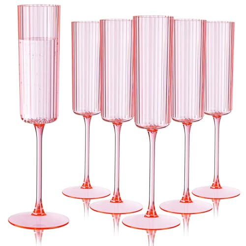Ciaell 24 Pack Pink Plastic Champagne Flutes - 6oz Ribbed Disposable Champagne Glasses - Pink Vintage Mimosa Glasses with Long Stem Elegant & Lightweight for Weddings and Party