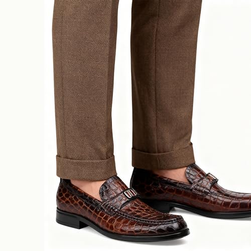 Men's Leather Alligator Print Dress Shoes Classic Bit Buckle Slip-On Penny Loafers Business Shoes Party Wedding Shoes for Men, Coffee, 9 — view 2