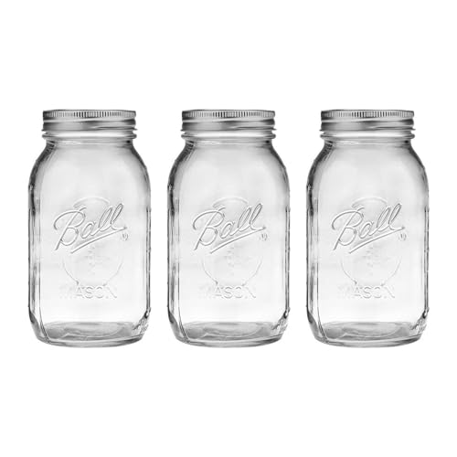 Ball Regular Mouth Glass Mason Jars with Lids and Bands, Used for Canning, Pickling, Juice, Jam, Jelly, Quart Size 32 Ounce (Pack of 3)