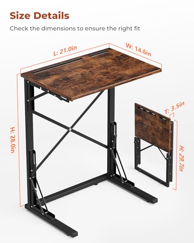 Evermagin 21''Wx28''H Folding TV Tray for Eating, Small Foldable C-Shaped Tray Table with Tablet and Phone Slots, Slide Under Couch Side Table for Recliner, Living Room, Bedroom, Rustic Brown
