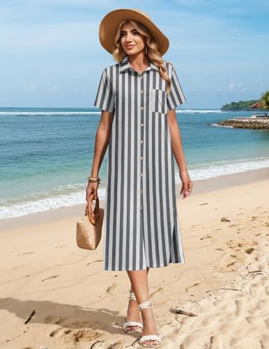 Image of HOTOUCH Womens Dress Summer Casual Midi Short Sleeve Button Down Shirt Dresses Loose Beach Cover Up with Pockets