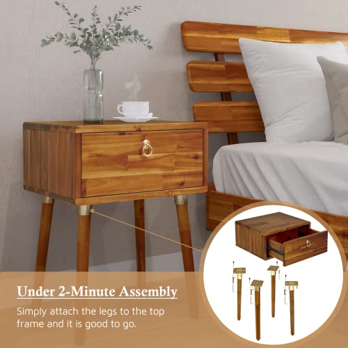 Image of Bme Caden Solid Wood Nightstand /Side Table /End Table, Fully Assembled, with 1-Drawer for Mid Century Bedroom and Living Room, Caramel