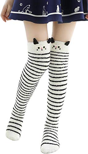 Image of Hotmiss Womens Thigh High Fuzzy Socks Cute Over the Knee Stockings Winter Warm Stripe Leg Warmers