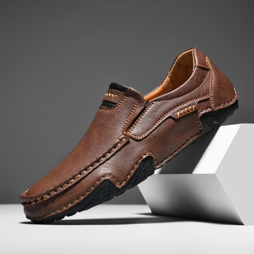 Men's Genuine Leather Loafers Slip-On Driving Shoes, Hollow Out Hand-Sewn Casual Flats for Outdoor & Work 5