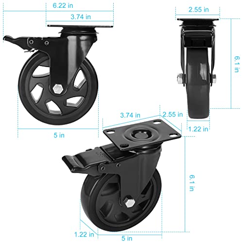 Pritek 5 Inch Caster Wheels Bearing 1800Lbs 4 Pack Heavy Duty Rubber Plate Casters All With Safety Brake No Noise Lockable Swivel Casters (Include 16Pcs Screws) #TOP5
