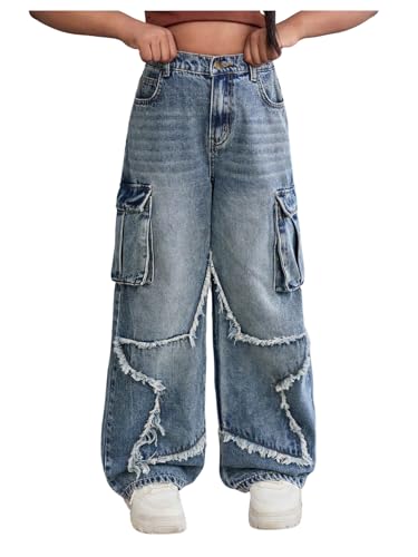 WDIRARA Girl's Y2k Star Pattern Denim Cargo Pants High Waist Jeans with Flap Pockets