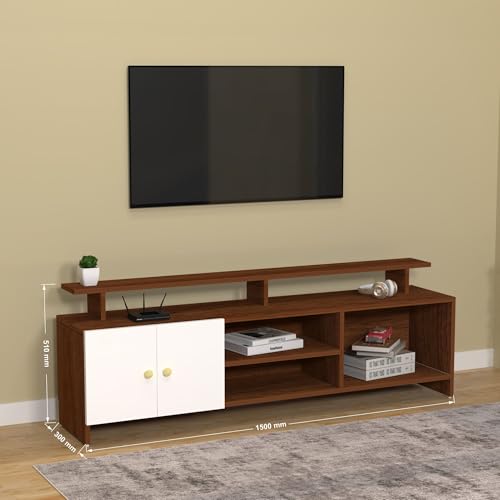 Image of TV Unit for Living Room | TV Stand Table | Wooden TV Cabinet | TV Table Furniture for Home & Living Room | Assembly-DIY | Color-Cherry Pine & White