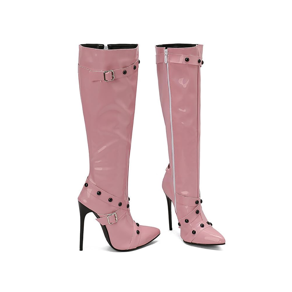 Womens Pointed Toe Buckle Strap Stiletto Heel Knee High Boots Rivets Stud Tall Sexy Dress Long Boots with