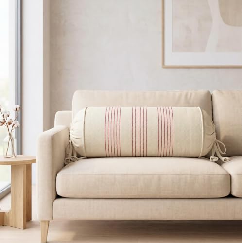 Image of SAJAVAT HOME Cotton Red Strip Bolster Cover Pack of 1 15x30 | Decorative Round Side Pillow Cover for Sofa, Bed & Diwan | Soft Breathable Cylindrical Cushion Cover | Beige with Red Pinstripe