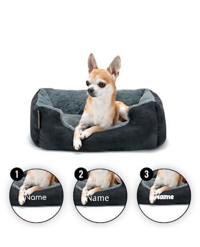 lionto Hundebett mit Wendekissen und Rutschfester Unterseite, Heimtierkissen mit tiefem Einstieg für Hunde und Katzen jeden Alters, 50x37 cm, kuscheliges Hundekissen, schwarz/grau (Namensaufdruck)