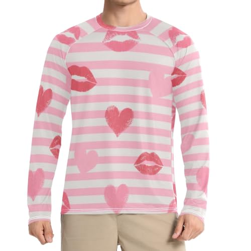 Camiseta rash guard a rayas rosas y blancas de hombre para protección solar y surf
