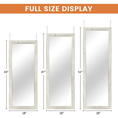 Neutype Over The Door Mirror Full Length Mirror, 51" X 18" Wall-Mounted Mirror, Wooden Frame Dressing Mirror, Rectangular Mirror Hanging With 2 Metal Hangers For Bedroom, Bathroom, Weathered White #TOP2