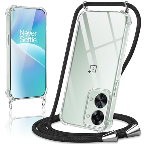 Coiwxmoi Coque avec Cordon pour OnePlus Nord 2T 5G 6,43', Collier Réglable Téléphone Étui Portable Lanyard Case Transparent Ultra Souple Silicone TPU Housse Antichoc Protection Cover, Noir