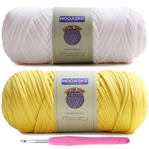 Image of Mooaske 2 Pack T-Shirt Crochet Yarn for DIY Knitting Crochet Cloth Blanket Bag Dolls - 400g Chunky Thick Yarn for Crocheting with Polyester-Spandex Blend Elastic Fabric (Yellow+White)