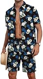 YTD Men's Hawaiian Set Casual Floral Print Shirt Summer Shirt and Shorts Two Piece Outfits Sets Beach Vacation Suit M Black White Flower