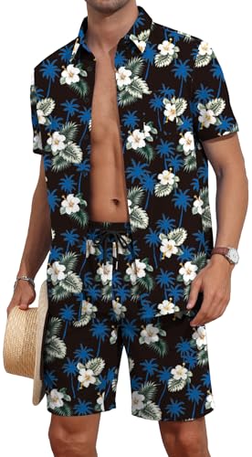 YTD Mens Flower Hawaiian 2 Piece Outfit Sets Short Sleeve Beach Casual Button Down Shirt and Shorts Suits