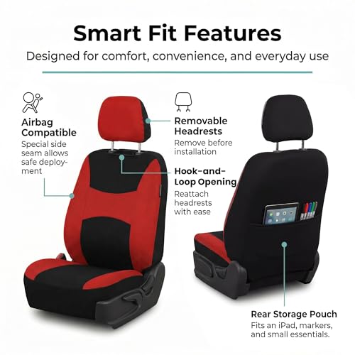 Image of FH Group Universal Car Seat Covers Front Set for SUV Truck Sedan Vans | Waterproof All-Purpose Cloth Seat Cover Set Airbag Compatible Washable Split Bench Protector Interior Upgrade - Red