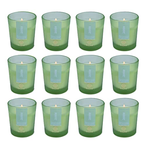 Image of EKAM Jasmine Votive Soy Wax Scented Candle, 40 Grams, 10 Hours Burn Time| Long Lasting Premium Candles | Ideal for Home Decor | Gifting & Aromatherapy (Pack of 12)