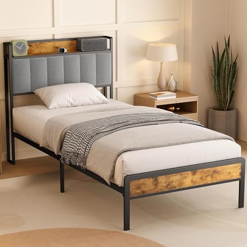 Bealife Cadre de Lit 90 x 200 avec Sommier en Métal, Lit 1 Personnes avec Capitonnée en Lin, lit 90x200cm avec Tête de Lit Rembourrée et Rangement, Gris...