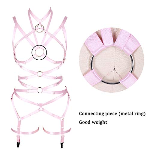 Full Body Harness For Women Lingerie Cage Bra Garter Belt Set Chest Strap Gothic Punk Plus Size Festival Rave Halloween (Pink) #TOP2