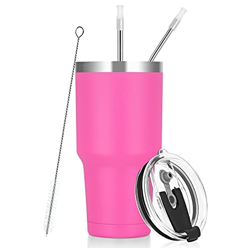 Lifecapido 30Oz Stainless Steel Tumbler, Insulated Coffee Tumbler Cup, Double Wall Vacuum Insulated Travel Tumbler With Lid And Straw, Powder Coated Travel Mug For Hot Or Cold Drinks, Bright Pink #TOP28