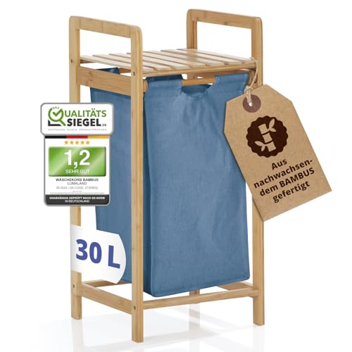 Lumaland Cesto para la colada de bambú | Cesto para la colada con bolsa de lavandería extensible, bambú renovable, caja de madera estrecha, pequeña | cesto para la ropa sucia con estante | contenedor - imagen 2