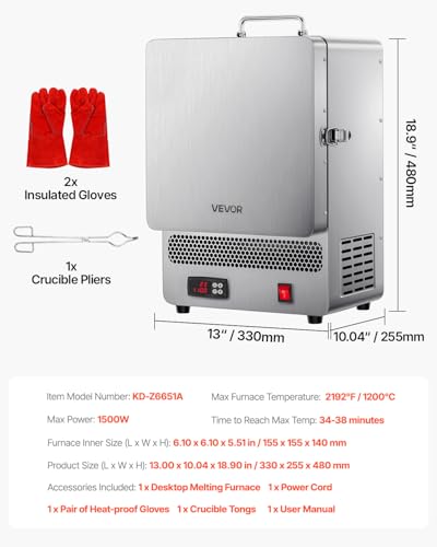 Image of VEVOR 1500W Programmable Electric Kiln, Digital Melting Furnace with Multi-Stage Temperature Control, Stainless Steel 2192F /1200℃ for Jewelry, Metal, Glass, Ceramics, Wax Casting & DIY Crafts | Stainless Steel, Programmable Tabletop Kiln Melter for Wax Casting, Clay DIY, Metal Tempering, Glazing on Pottery, Silver