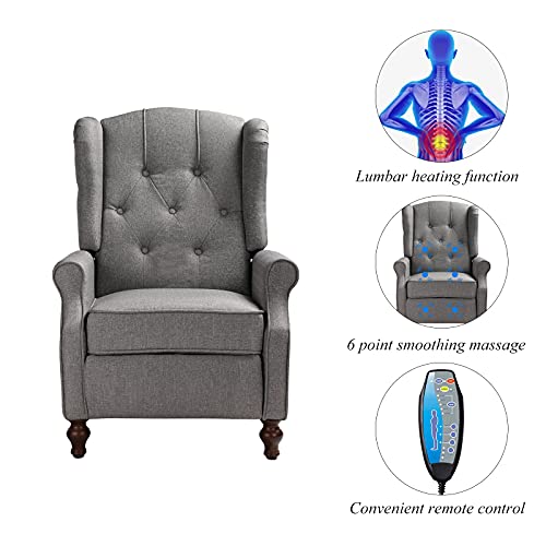 Na Wingback Push Back Recliner Fabric Recliner With Massage And Heating, Padded Cushions, Nailhead Trim And Wooden Legs Accent Upholstered Reclineing Armchair For Living Room, Bedroom, Home (Gray) #TOP1