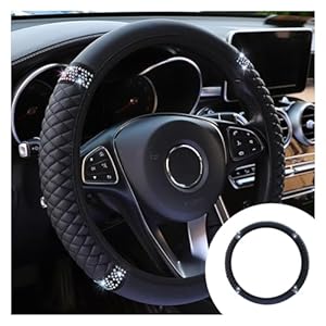 JOYCOURT Bling Soft Leather Steering Wheel Cover, 15 Inch Colorful Rhinestones Auto Elastic Protector with Crystal Diamond for Women Girls, Car Accessories for Most Cars, SUVs (Black)