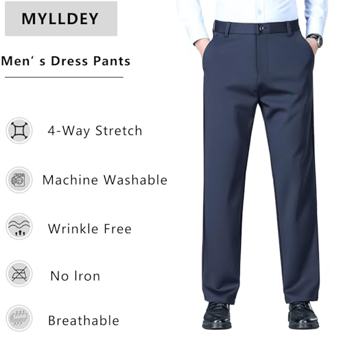Mylldey Men's Regular Fit Dress Pants Casual Business Flat Front Mens Wrinkle Free Comfort Stretch Pants4