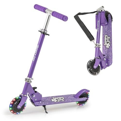 COSTWAY Patinete para Niños, Patinete con 2 Ruedas Intermitentesφ110 mm, Manillar Ajustable y Freno Trasero, Soporte y Correa de Transporte, Scooter LED para Niños Más de 3 Años, 50 kg (Violeta+)