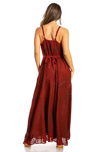 Image of Sakkas Stonewashed Rayon Embroidered Adjustable Spaghetti Straps Long Dress