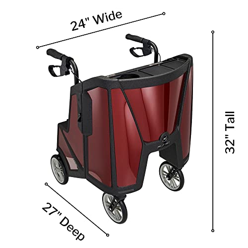 Motivo Tour Rolling Walker For Seniors, Upright - Folding 4-Wheel Rollator With Tray, Cup Holders, Seat, Storage - 300 Lbs Limit, Ruby Red, 24 In X 32 In, 1 Count #TOP5
