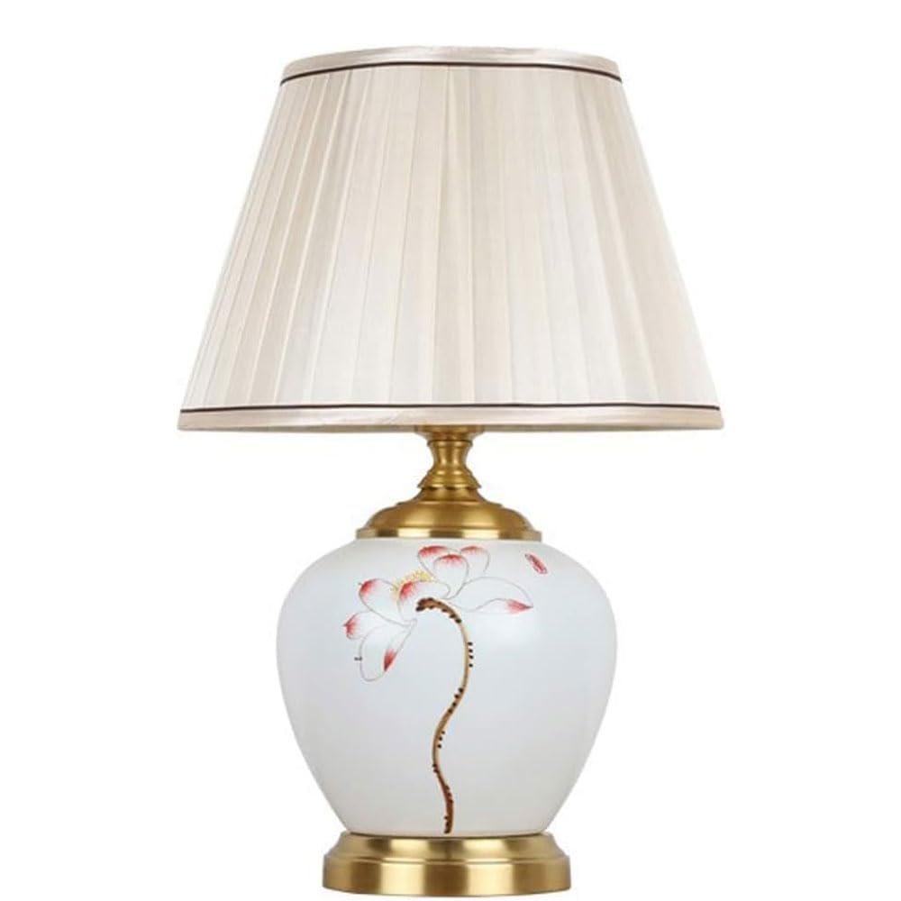 SANBDDLYY Hand-Painted Ceramic Table Lamp Fabric Shade - E26 Indoor Lighting for Bedroom, Living Room, and Study(White)