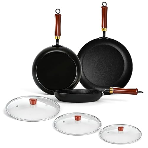 Image of YJSLICT 3 Pack Nonstick Frying Pan Set with Detachable Wooden Handles, Pre Seasoned Light-Duty Iron Skillets with Tempered Glass Lids, Easy Clean Cookware for Home Family Cooking (9.5