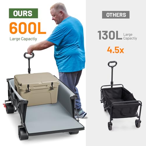 Image of Timber Ridge 600L Beast Wagon 26 inch W Extra Wide All Terrain Folding w /Big Wheels, Cargo Net & Tailgate, 26 inch W and 55.25 inch L, 500lbs Heavy Duty Collapsible Portable Cart for Camping, Sports, Dogs, Grey