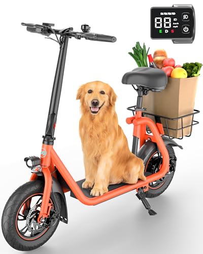 AWWSCOOTER C1 Electric Scooter with Seat for Adults, 450W Powerful Motor, 20 Mile Long Range, 16 Mph Foldable Commuter E-Scooter with Basket for Daily Commute, Grocery, or Pet Travel – Classic Orange