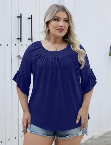 Image of Micoson Womens Plus Size Tops 3 /4 Ruffle Sleeve Crewneck Pleated Shirts