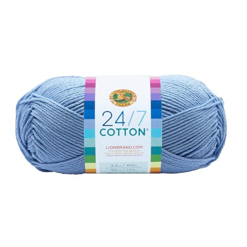 Image of Lion Brand Yarn, 24 /7 Cotton Yarn, Sky, Blue Grey, 1 Pack | Light Worsted 100% Mercerized Cotton Yarn for Crochet, Knitting, Craft, 185 Yards of Natural Fiber for Tees, Bags, Dishcloths