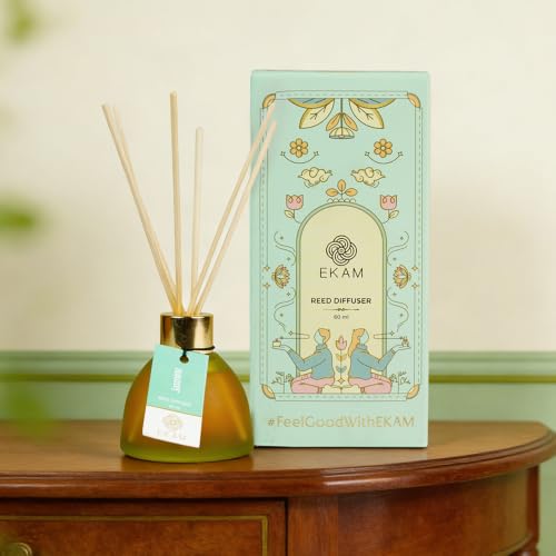 Image of Ekam Frosted Glass 60ml Jasmine Reed Diffuser Set | Free 6 Fiber Reed Sticks | Stress Relief & Aromatherapy | Long-Lasting Home Fragrance (Up to 60 Days) | Air Freshener for Room, Bedroom & Bathroom