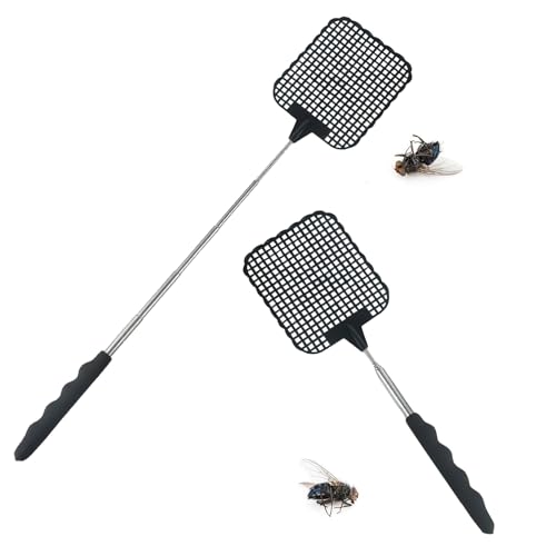 2 Pièces Tapettes à Mouches Extensible Tapette à Mouches Télescopique et Durable avec Poignée en Acier Inoxydable Tapetteà Mouche Main pour moustiques, Mouches et Insectes (Noir)